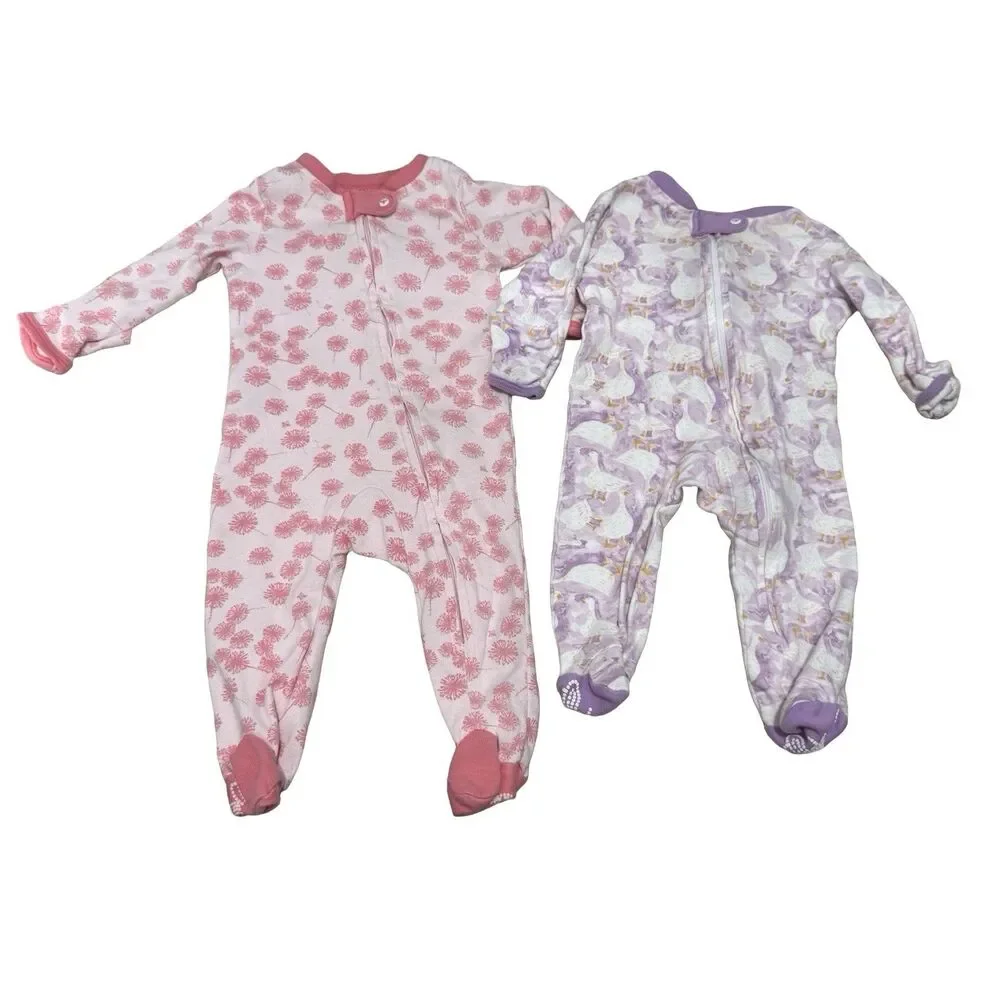 2 Burt's Bees Baby cotton Footed Coverall sleeper-0-3 months Purple Goose Pink